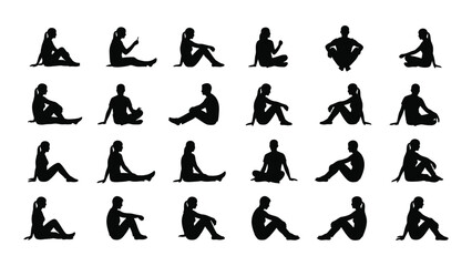 a collection of diverse human poses depicted in black ink representing yoga meditation and movement silhouette