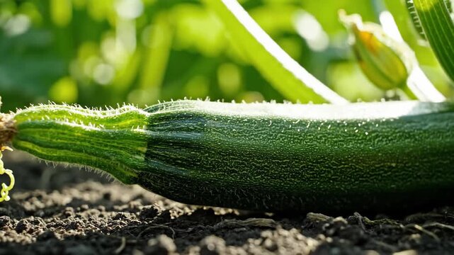 Close-Up of A Fresh Green Zucchini Growing in A Garden on A Sunny Day