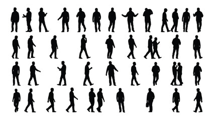a diverse collection of human figures in various poses presented as dark silhouettes against a white background silhouette