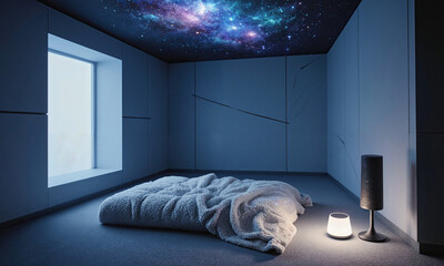 Sensory Room Design. A calming sensory room designed for relaxation and mindfulness, featuring a plush, weighted blanket on a low