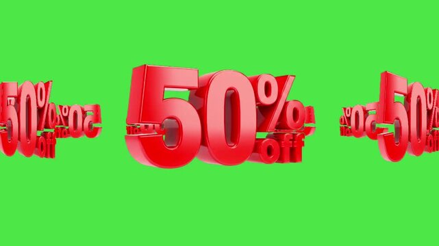Seamless Rotating 3D 50% Off Red Text on Green Screen. Fifty Percent Discount Loop.
