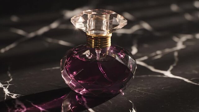 Perfume Bottle on Marble Surface - A faceted glass perfume bottle with a faceted clear glass stopper sits on a black marble surface. The bottle contains a purple liquid.