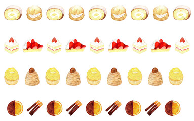手描き水彩スイーツ装飾ラインセット &ndash; シュークリーム・ロールケーキ・いちごショート・いちごタルト・モンブラン・オランジェット / Watercolor Sweets Decorative Line Set &ndash; Cream Puff, Roll Cake, Strawberry Shortcake, Strawberry Tart, Mont Blanc, Orangette