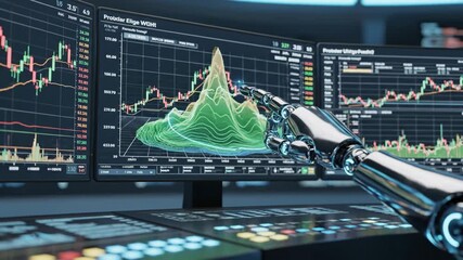 Robotic Arm Analyzing Stock Market Data - A metallic robotic arm hovers in front of several computer screens displaying stock market charts and graphs, with a 3D data visualization overlay. - Powered by Adobe