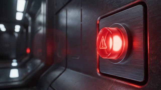 Red Alert Emergency Button - A close-up video shows a red button with a white triangle exclamation mark on it, signaling danger or an alert.