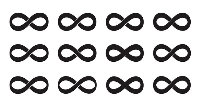 Twelve dark stylized infinity symbols arranged in a three by four grid pattern against a solid
