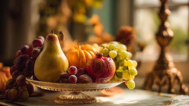 Elegant autumn harvest centerpiece with fresh fruits including pumpkin, grapes, pear, and pomegranate.