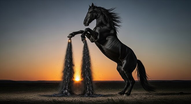 Majestic black stallion rearing up against a vibrant sunset landscape background image - Powered by Adobe