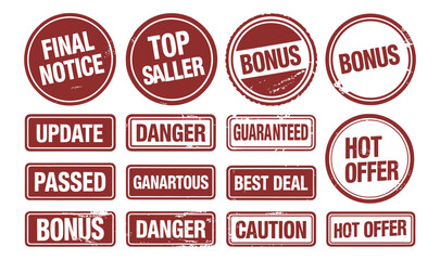 Red rubber stamp labels with promotional and warning phrases in vintage distressed style for marketing design use