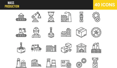 Black and White Outline Vector Set for Factory, Automation, Logistics, Engineering, and Supply Chain Concepts