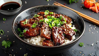 beef teriyaki with rice in a bowl