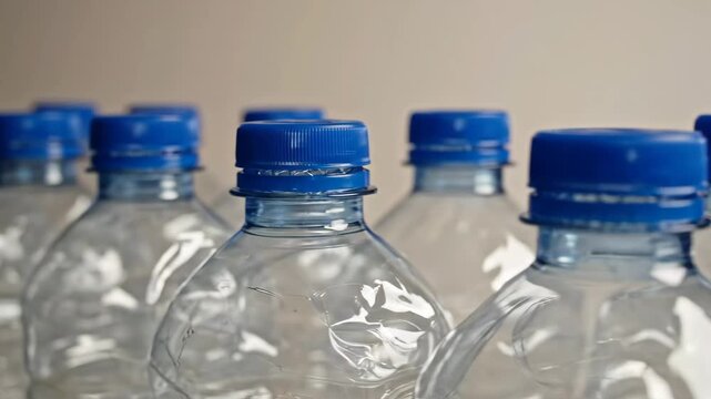 Empty Plastic Water Bottles - A close-up shot showcases a group of clear, empty plastic water bottles with blue caps.