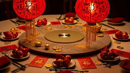 A beautifully set table for a Lunar New Year celebration with red lanterns and auspicious decorations