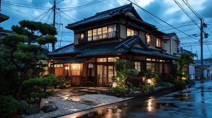 Warmly Lit Traditional Japanese Residence at Dusk / 夕暮れ時に温かく照らされる伝統的な日本の邸宅