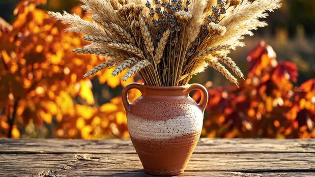 Rustic Autumn Still Life - A vase filled with wheat and lavender sits atop a weathered wooden table, set against a backdrop of vibrant autumn foliage.