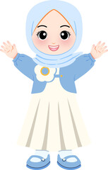 Young Muslim girl wearing a hijab and blue cardigan, smiling and waving with open arms