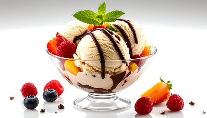 ice cream scoops dessert in a glass bowl with chocolate dripping and fruits topping