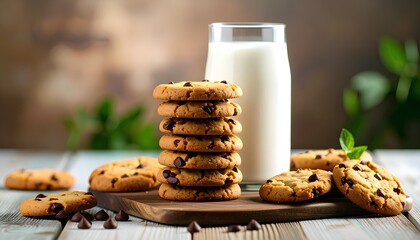 chocolate chip cookies and glass of milk on wooden table