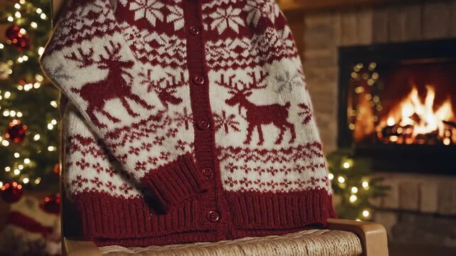 Christmas Cardigan by the Fireplace - A festive red and white Christmas cardigan with reindeer and snowflake patterns is draped over a chair.
