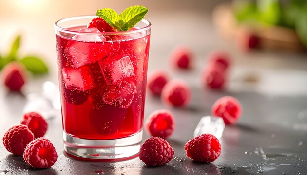 A glass of red raspberry cold drink with mint and fresh raspberries on the table