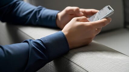 Close-up of hands using a smartphone indoors, showcasing modern mobile technology.