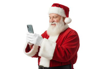 PNG. santa claus with a phone in his hand. close up smilling santa claus looking phone on transparent background.