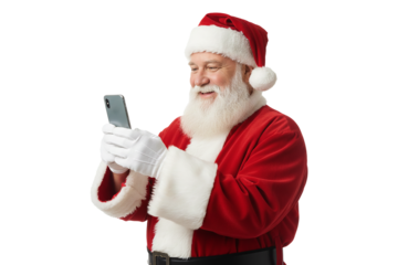 PNG. santa claus with a phone in his hand. close up smilling santa claus looking phone on transparent background.