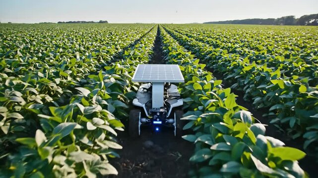 Autonomous Agricultural Robot in Soybean Field - A modern, self-driving agricultural robot with a solar panel navigates through a lush soybean field.
