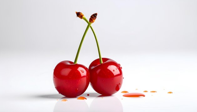 cherries with caramel syrup on white background