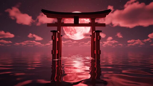 Torii Gate Under Red Moon - A red Torii gate stands in still water under a dark sky with a large, red moon. Clouds are scattered across the sky, and stars can be seen.
