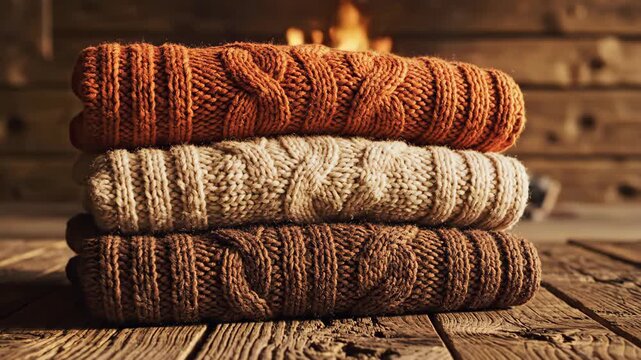 Cozy Knitwear Stack by Fireplace - A stack of three neatly folded, warm knit sweaters sits on a rustic wooden surface. In the background, a fireplace adds a sense of cozy warmth and relaxation.
