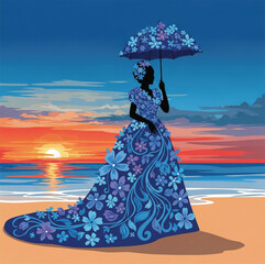 Floral Silhouette Woman with Parasol at Sunset Beach &ndash; Artistic Vector Illustration