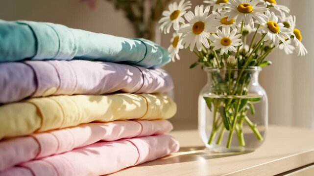 Pastel Linens and Daisy Bouquet - A stack of neatly folded pastel-colored linens sits on a wooden surface next to a clear glass vase filled with fresh white daisies.