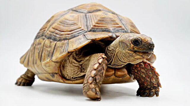 Close-Up of A Sulcata Tortoise Walking Slowly on A White Background
