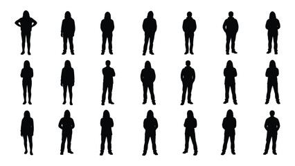 a collection of various human figures shown as dark shapes against a white background a striking silhouette © MehediHasan