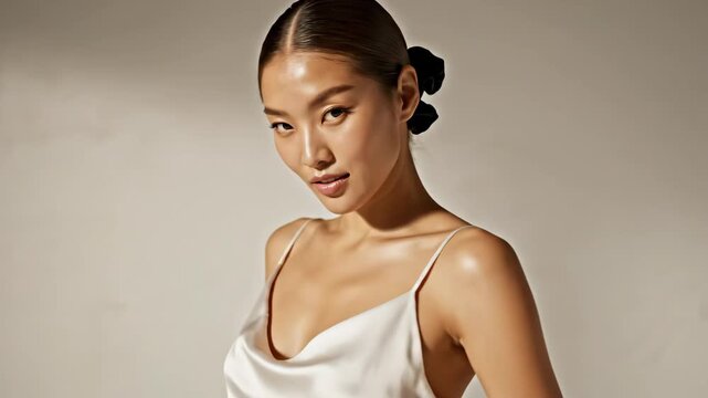 Portrait of Elegant Asian Woman - A stunning portrait captures a young Asian woman in a white camisole, complemented by a black scrunchie in her hair.
