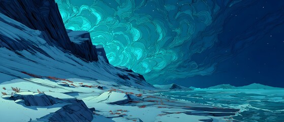 Majestic icy landscape displays vibrant atmospheric light phenomenon above rugged cliffs at night