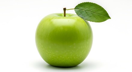 Fresh green apple with a single leaf on a plain white background