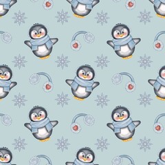 Seamless pattern Cute penguins collection in winter Hand drawn watercolor illustration. For labels, paper, textiles on blue background.