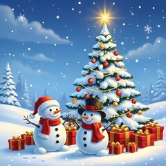 Two Snowmen With Christmas Tree and Gifts