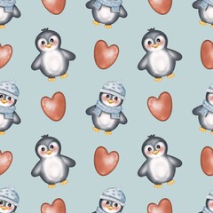 Seamless pattern Cute penguins collection in winter Hand drawn watercolor illustration. For labels, paper, textiles on blue background.