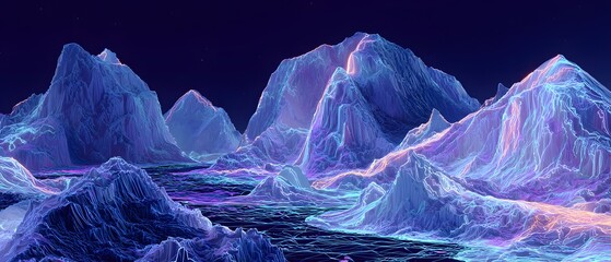 Fantastical icy landscape displays vibrant light patterns across towering, striated peaks