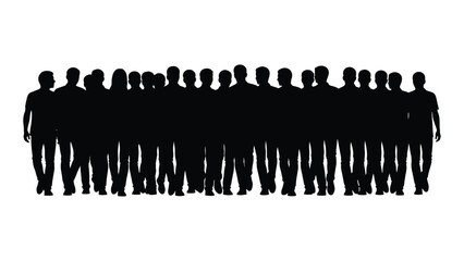 a large group of people standing closely together forming a dense dark shape against a white background silhouette