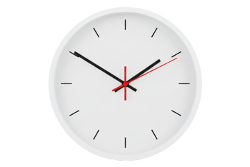 PNG. white wall clock. A minimalist white clock with black hour minute hands and a red second hand displays time on transparent background.