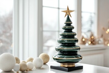 Stylized contemporary holiday decoration featuring a tiered green centerpiece with golden accents rests beside assorted matte and glitter ornaments.