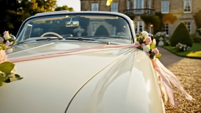 Decorated Vintage Wedding Car - A classic white car is adorned with a large bouquet of pink and white roses and a flowing pink ribbon.