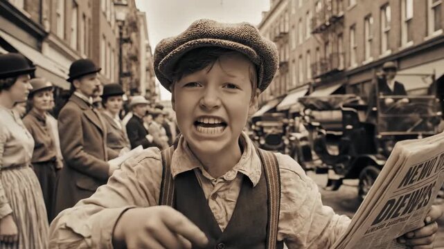 Young Newsboy Selling Papers - A young boy in a newsboy cap and suspenders stands on a city street holding a newspaper and pointing forward.
