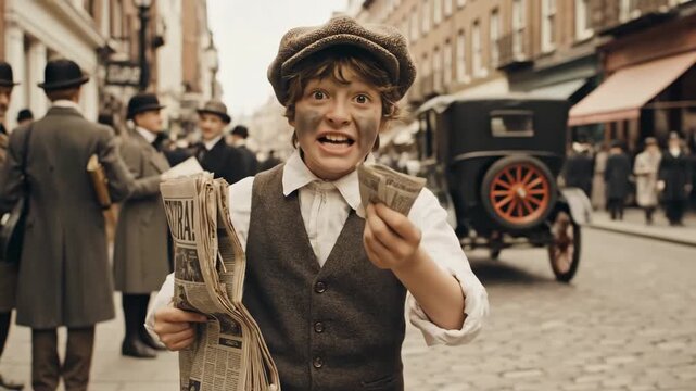 Newsboy Shouting Headline in Period Costume - A young newsboy wearing period clothing and coal dust on his face stands in a bustling street while holding a stack of "EXTRA" newspapers and shouting a