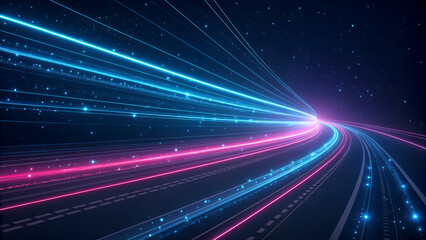 Abstract futuristic digital data stream tunnel with glowing blue and pink neon light trails in dark space