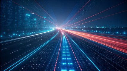Abstract digital data flow on highway at night with cityscape and light trails in blue and red tones